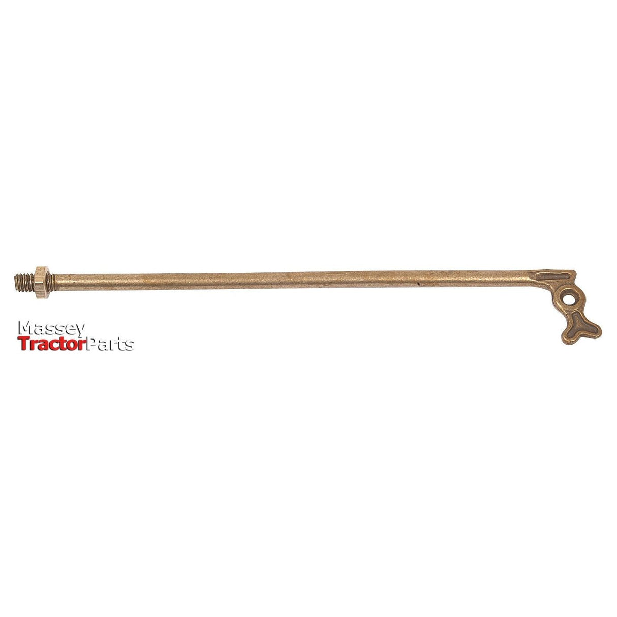 The Ball Valve Lever Arm 9 1/2'' (Sparex Part No. S.4447) features a long metal rod with a threaded end and a flat, circular handle, ideal for use in mechanical or tractor parts. The "Massey Tractor Parts" logo is visible in the lower left corner. This 9 1/2'' length lever arm integrates seamlessly with various Sparex components.