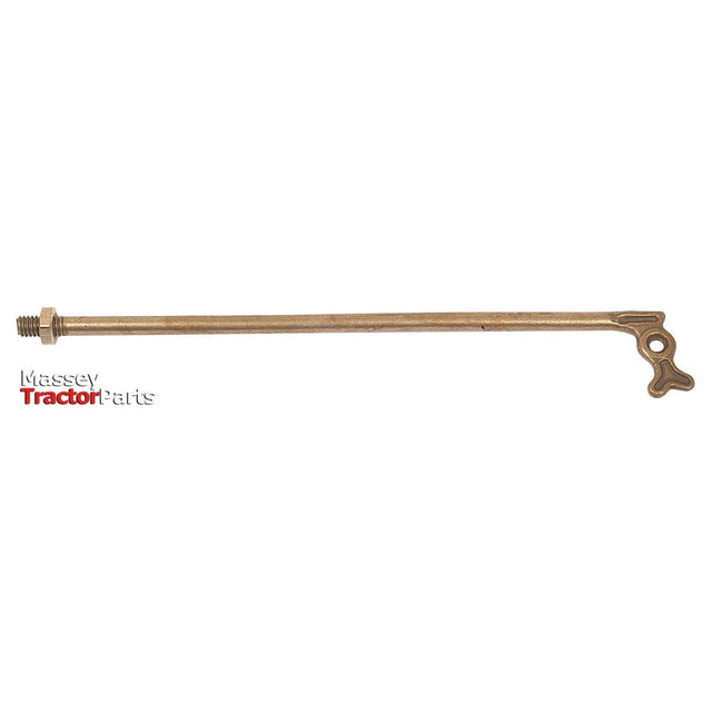 The Ball Valve Lever Arm 9 1/2'' (Sparex Part No. S.4447) features a long metal rod with a threaded end and a flat, circular handle, ideal for use in mechanical or tractor parts. The "Massey Tractor Parts" logo is visible in the lower left corner. This 9 1/2'' length lever arm integrates seamlessly with various Sparex components.