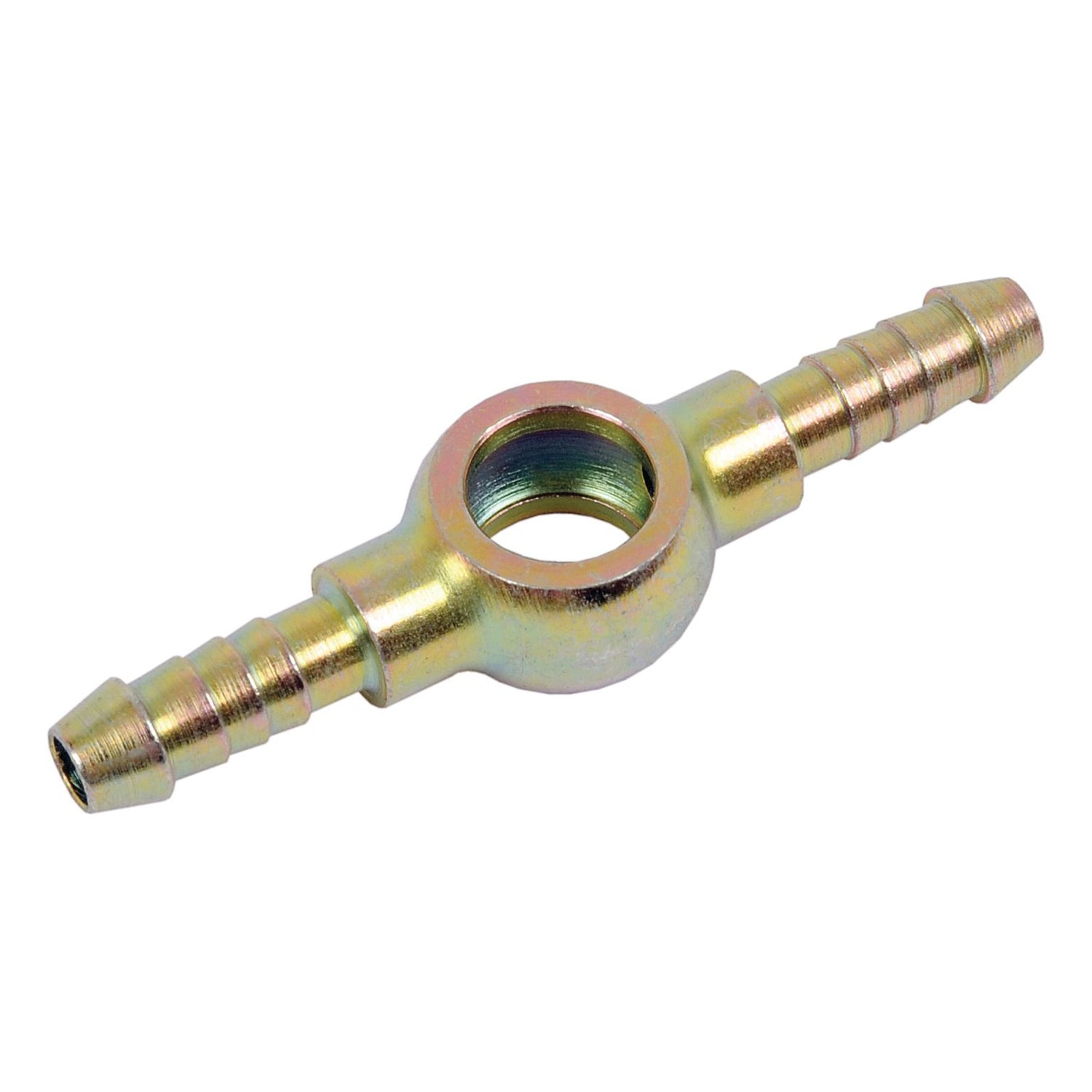 The Sparex Banjo Fitting E Ø10mm DN04 4.00mm (Part No.S.37230) features barbed connections for a 4mm hose I/D on both ends and includes an eyelet in the center for secure attachment, similar to a double banjo fitting.
