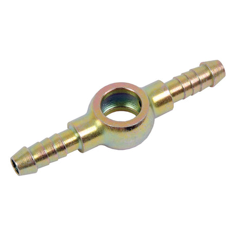 The Sparex Banjo Fitting E Ø10mm DN04 4.00mm (Part No. S.37230) is a brass double hose barb fitting with a central circular eyelet, designed for connecting two lengths of hose with an internal diameter of 4mm.