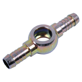 The Sparex Banjo Fitting E Ø12mm DN06 5.90mm (Sparex Part No. S.37231) features a threaded hole in the center and hose barbs on either end, making it ideal for connecting hoses or tubing. Often referred to as a double banjo fitting, this product ensures secure and efficient fluid transfer in various applications.