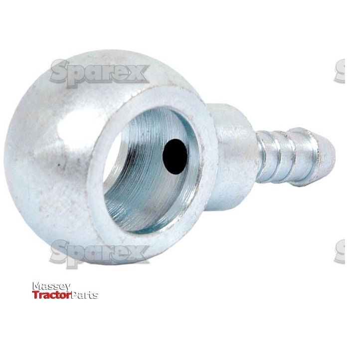 This "Banjo Fitting A Ø 14mm DN04 - 5.50mm" (Sparex Part No.S.55192) features a spherical head and a threaded stem, specifically designed to fit Massey tractors. Displaying the logos for "Sparex" and "Massey Tractor Parts," it ensures secure attachment and optimal performance.