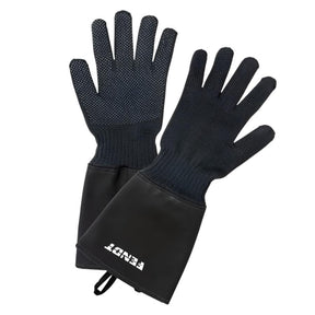 Pair of black BBQ gloves (product code: X99102109) branded with Fendt by AGCO, featuring Kevlar grip dots on the palms for heat protection and "Massey Tractor Parts" branding in the bottom left corner.