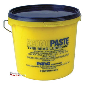 A yellow bucket labeled "Econopaste Tyre Bead Lubricant 5kg | Sparex Part No.S.19819," complete with cautionary text about spillage, details on contents, and distributor information. This product, perfect for tyre mounting, is distributed by Sparex.