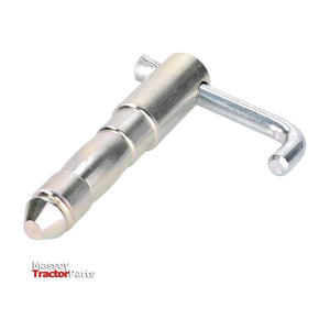 A metal hitch pin called the Fendt - BOLT - H816870040120, designed by AGCO, features an L-shaped handle for securing attachments. The text "Massey Tractor Parts" is displayed on the bottom left, making it a reliable choice for enthusiasts of the Fendt Vario models.