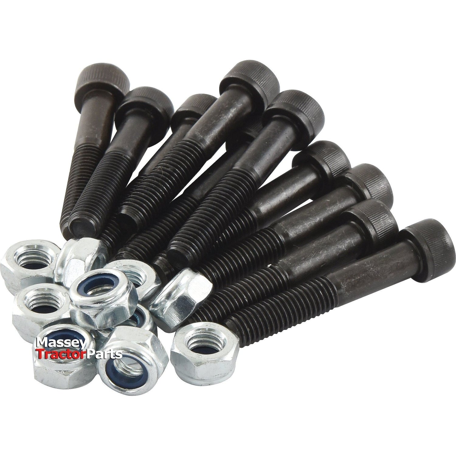 A set of black bolts and metallic nuts, including a 10 x 60mm Shear Bolt (Sparex Part No. S.8600), arranged together with the text "Massey Tractor Parts" visible on one of the bolts.