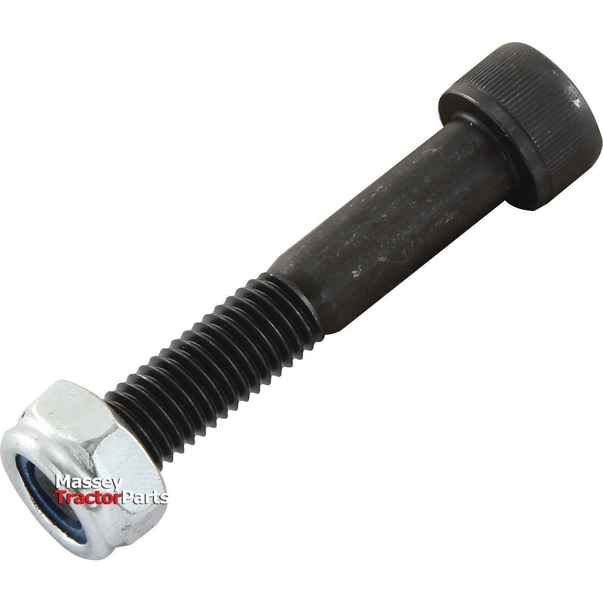 A close-up of a black metal bolt with a threaded rod and a hexagonal nut attached at one end, displayed on a plain white background. The words "Massey Tractor Parts" are partially visible. This is identified as Sparex Shear Bolt, Part No. S.8600, DIN 912, 10 x 60mm, suitable for various applications.
