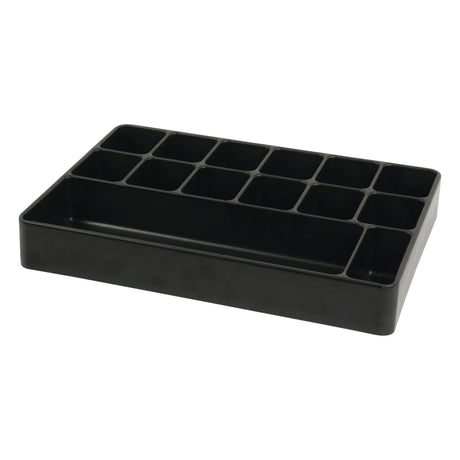 A Sparex BOX INSERT 14 COMPARTMENTS - S.2426, a black plastic condiment organizer with 14 compartments, featured on a white background.