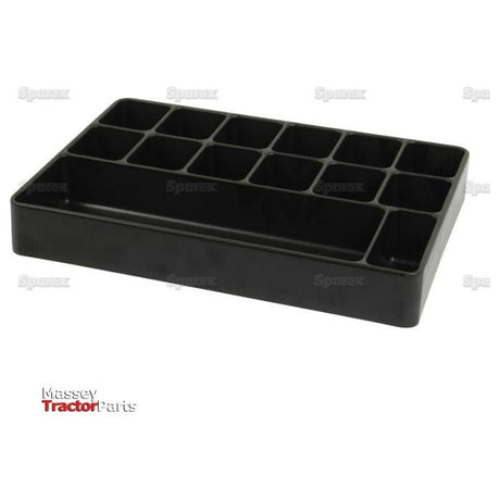 A black plastic organizer tray, the BOX INSERT 14 COMPARTMENTS - S.2426, is ideal for storing small parts. The "Sparex" logo visible in the background hints at its robust quality despite being more compact than traditional metal boxes.