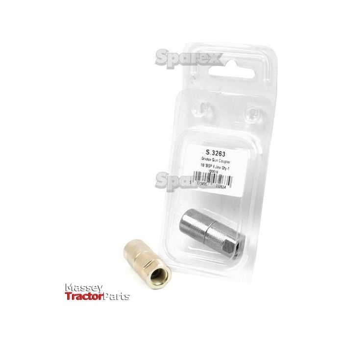 A packaged Grease Gun Coupler 1/8'' BSP HD - 4 Jaw (Sparex Part No.S.3263) with another coupler laying outside the Plastic Agripak, featuring the Massey Tractor Parts logo at the bottom left corner.