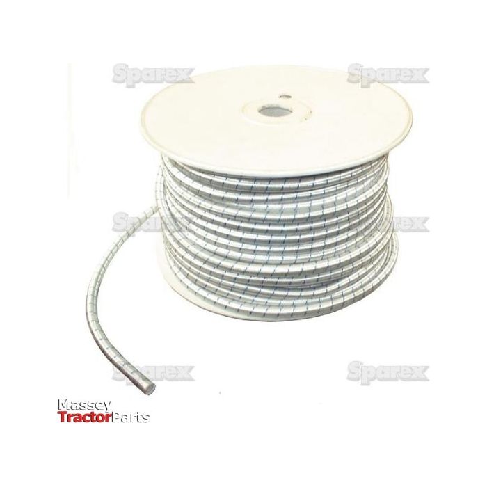 A large spool of white bungee cord (10mm x 50m) under the product name "BUNGEE CORD-10MMX50M ELASTIC - S.3001", commonly used for organizing cables. Suitable for tractor parts, it bears the brand names "Sparex" and "Massey Tractor Parts".