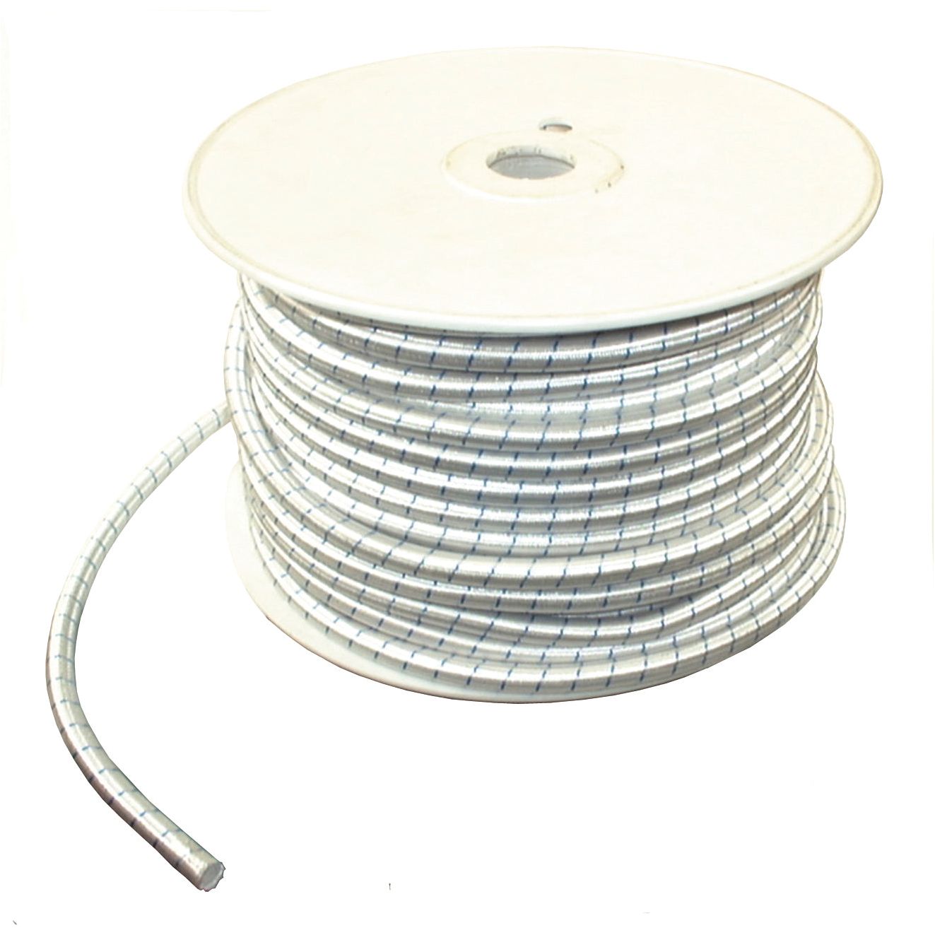 A spool of the BUNGEE CORD-10MMX50M ELASTIC - S.3001 by Sparex, featuring a metallic appearance and white insulation, partially extended from the reel. Suitable for various electrical applications.