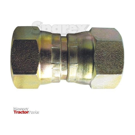A close-up of a brass compression fitting with hexagonal ends, labeled Sparex, featuring a Massey Tractor Parts logo in the bottom left corner. This Hydraulic Adaptor 1/2'' BSP Swivel Female x 7/8'' JIC Swivel Female (Sparex Part No.S.12011) ensures seamless integration into your machinery.