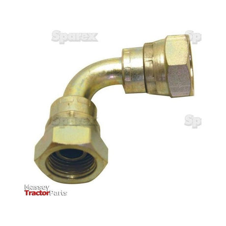 A brass 90° Swept Elbow hydraulic hose fitting with hexagonal ends, specifically the Hydraulic Adaptor 1/2'' BSP Swivel Female x 1/2'' BSP Swivel Female 90° Swept Elbow (Sparex Part No.S.26523). The background includes logos for 'Massey Tractor Parts' and 'Sparex'.