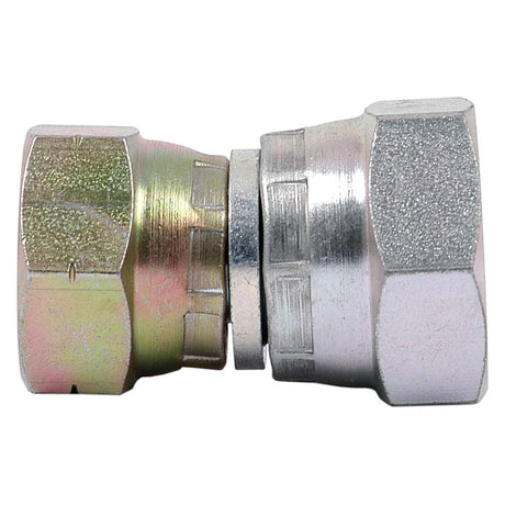 A close-up image of two metallic hexagonal connectors joined together against a white background, showcasing a precise connection of the Hydraulic Adaptor 1/2'' BSP Swivel Female x M18x1.50 Metric Swivel Female, Sparex Part No. S.12016 by Sparex.