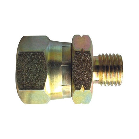 The Hydraulic Adaptor 1/2''BSP female - M22 male by Sparex (Part No. S.11292) is a brass hexagonal reducing adapter used for connecting pipes or hoses of different sizes, featuring a threaded M22 male end and a wider BSP female end.