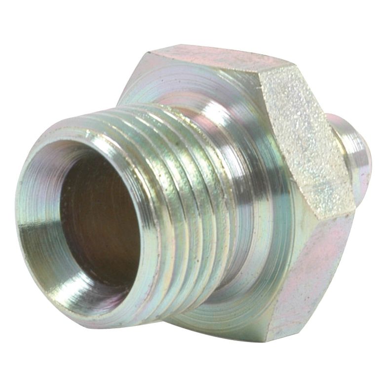 A close-up view of a Sparex Hydraulic Adaptor, part number S.35046, featuring a hexagonal shape for tightening, and designed as a 1/2'' BSP Male to 1/2'' JIC Male hose adaptor.