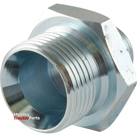 A silver, hexagonal, metallic fitting with threaded ends is used for connecting components. This hydraulic adaptor 1/2''BSP male - 1''BSP male, Sparex Part No.S.35043 features "Sparex" branding on the side.