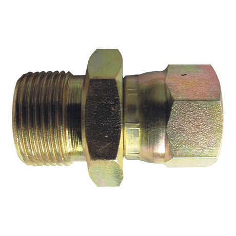 Close-up view of a brass hydraulic adaptor by Sparex with a hexagonal nut and threaded end. The Hydraulic Adaptor 1/2''BSP male to 3/4''JIC female connector (Sparex Part No.S.11221) showcases a smooth, cylindrical design.