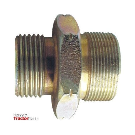 Image of a Sparex Hydraulic Adaptor M20x1.50 Metric Male x 1/2'' BSP Male (Sparex Part No.S.4684) with threaded ends and a flat central section, designed for connecting two female pipe ends. The Massey Tractor Parts logo is visible in the bottom left corner.