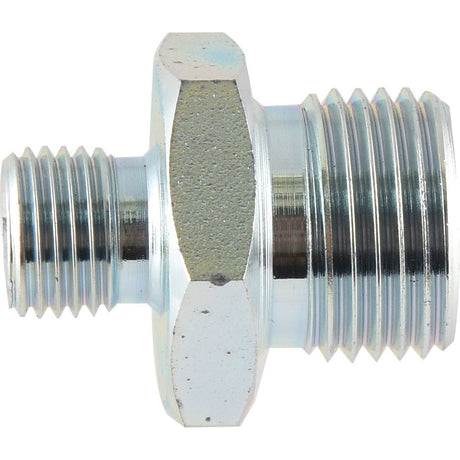 Close-up of a Sparex hydraulic adaptor (Sparex Part No. S.4677) featuring a metal pipe fitting with 1/4'' BSP male threads on one end and 1/2'' BSP male threads on the other, connected by a hexagonal nut section in the middle.