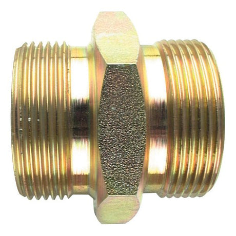 The Sparex Hydraulic Adaptor 1/4''BSP male - 1/4''BSP male (Part No. S.3495) is a brass double male pipe fitting with a hexagonal center and threaded ends, making it an ideal hose adaptor.