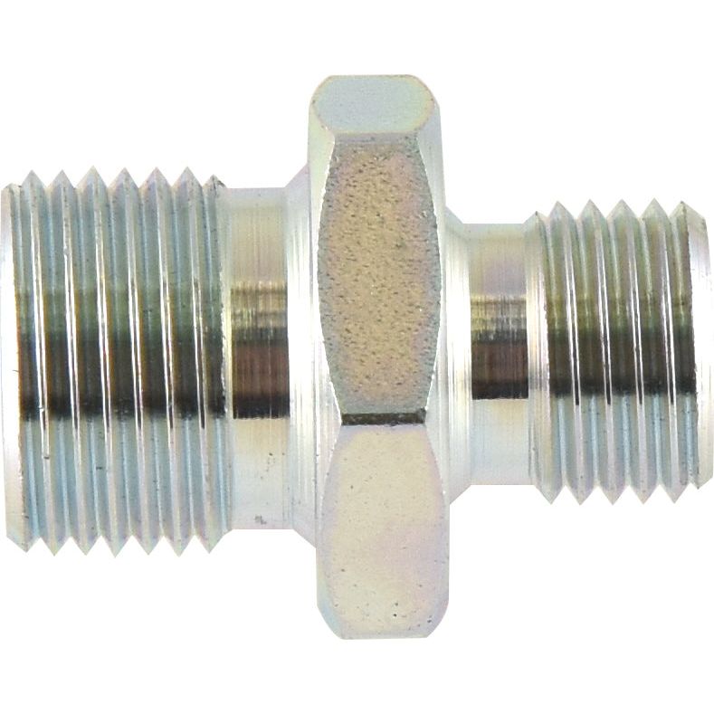 Close-up of the Sparex Hydraulic Adaptor with threaded male to male ends on both sides and a hexagonal middle section, transitioning from 1/4''BSP to 3/8''BSP (Part No. S.3496).