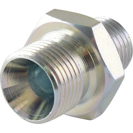 A close-up view of the Sparex Hydraulic Adaptor 1/4''BSP male to 3/8''BSP male (Sparex Part No.S.3496) featuring a hexagonal nut in the middle, perfect for use as a hose adaptor.