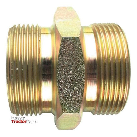 A metal threaded pipe fitting with a textured grip section in the center. The image, showcasing a Sparex Hydraulic Adaptor 1"BSP male - 1"BSP male (Sparex Part No.S.35037), has a Massey Tractor Parts logo in the bottom-left corner.