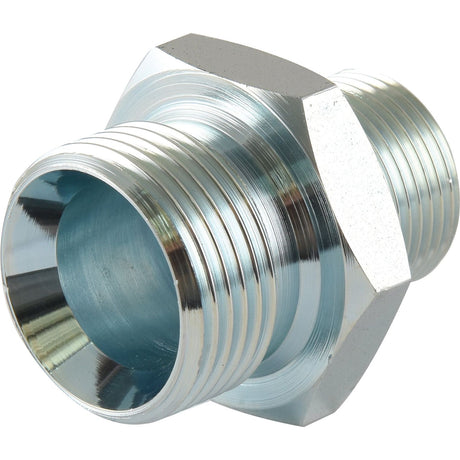 The Sparex Hydraulic Adaptor (Sparex Part No. S.12093) is a hexagonal metal adapter featuring threaded ends, designed for connecting two pipes or fittings with its 3/4'' BSP Male and 1'' BSP Male connectors.
