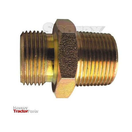 A brass pipe fitting with external threading on both ends, such as the Hydraulic Adaptor 3/8'' BSP male - 3/8'' NPT male, Sparex Part No. S.35049 by Sparex, is used for connecting two pipes or fittings.