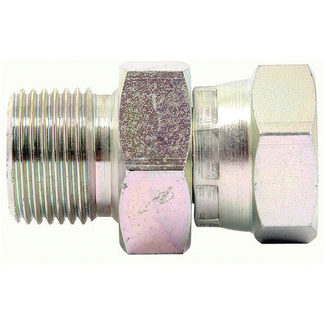 Close-up view of the Sparex Hydraulic Adaptor 5/8'' BSP Male x 1/2'' BSP Swivel Female, featuring a metallic threaded connector with a hexagonal nut on one end.