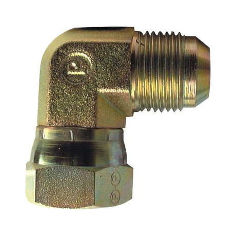 The Sparex Hydraulic Adaptor, Part No. S.35083, is a brass 90-degree compact elbow fitting with one 7/8''JIC male end and one 7/8''JIC female end. It is used for connecting two pipes at a right angle and can also serve as a versatile hose adaptor.