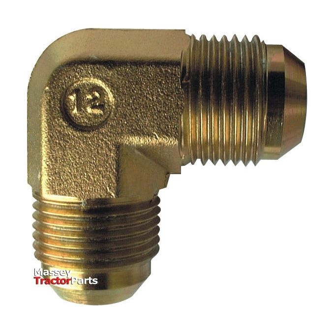 A brass 90° compact elbow fitting with threaded ends and "12" imprinted on it. The fitting, labeled "Sparex" in the bottom left corner, serves as a hose adaptor and is known as the Hydraulic Adaptor 9/16''JIC male - 9/16''JIC 90compact male | Sparex Part No. S.35076.