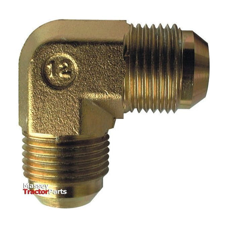 A brass hydraulic fitting, model Sparex Part No.S.35076, features a 90° compact elbow with threaded ends for a 9/16'' JIC male connection. The logo "Massey Tractor Parts" appears in the bottom left corner.