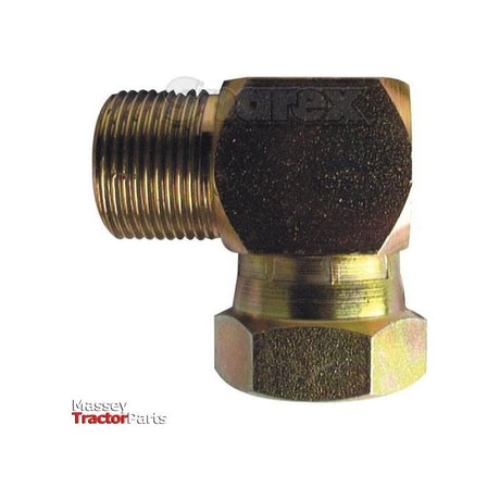 A Hydraulic Adaptor 3/8'' BSP Male x 3/8'' BSP Swivel Female 90° Compact Elbow (Sparex Part No. S.4694) fitting with threaded ends is displayed on a white background. "Massey TractorParts" is written in red and gray text at the bottom left.