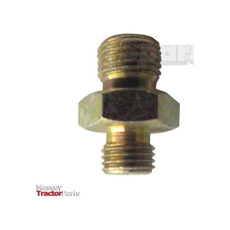 A metal threaded fitting for machinery, featuring 1/2'' SAE male threads on one end and 3/8'' BSP male threads on the other, with a central hexagonal section for tightening. The text "Massey Tractor Parts" is visible in the bottom left corner. This Hydraulic Adaptor by Sparex (Part No. S.2510) guarantees a secure and efficient connection.