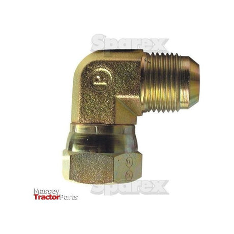 A 90° compact hydraulic adaptor with a 7/8'' JIC male connector and a 7/8'' JIC female connector, set against a white background. Text in the background reads "Sparex" and "Massey Tractor Parts." This product is identified as Sparex Part No. S.35083.