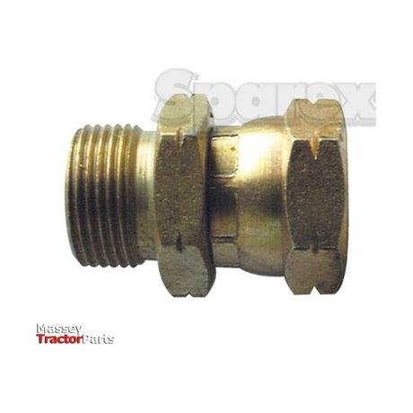 Close-up of the Sparex Hydraulic Adaptor M16x1.50 Metric Male x M18x1.50 Metric Swivel Female (Part No.S.11986), featuring a compression fitting against a white background.