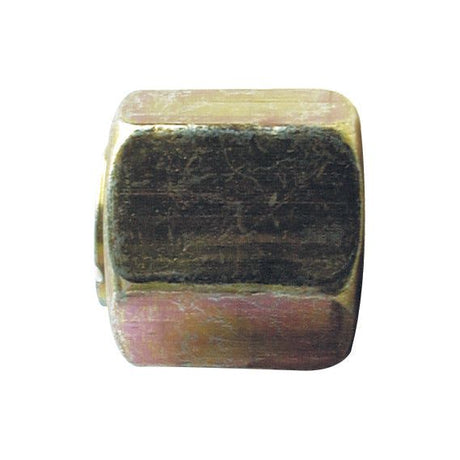 A close-up of a single brass hex nut against a white background, reminiscent of the precision found in Sparex's Hydraulic Adaptor 1/2'' JIC Swivel Blanking Cap (Sparex Part No. S.2561).