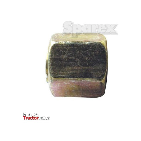 A hexagonal brass nut with "Sparex" and "Massey Tractor Parts" text in the background, alongside a Sparex Hydraulic Adaptor 1/2'' JIC Swivel Blanking Cap (Part No. S.2561).
