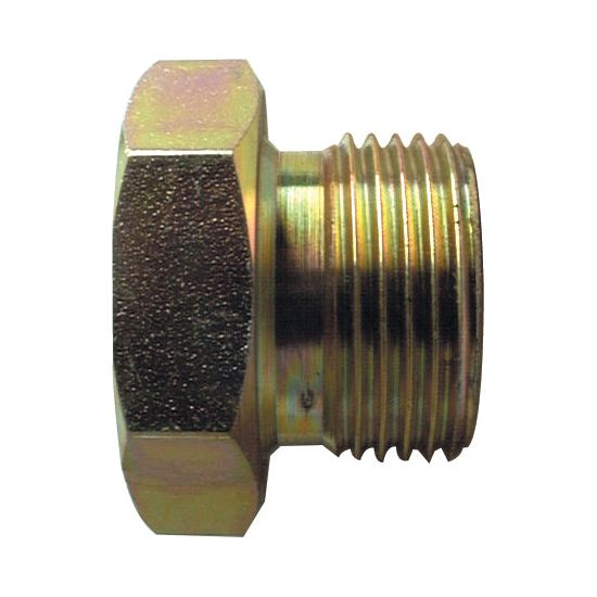 Close-up of a metal threaded pipe fitting with a hexagonal head, resembling a Sparex Hydraulic Adaptor 1'' BSP 60° Coned Plug (Sparex Part No.S.14126).