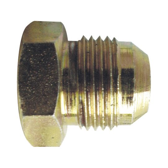 The Sparex Hydraulic Adaptor 7/16'' JIC Solid Plug (Part No. S.52160) is a brass fitting with threaded ends and a hexagonal shape for tightening, shown on a white background.