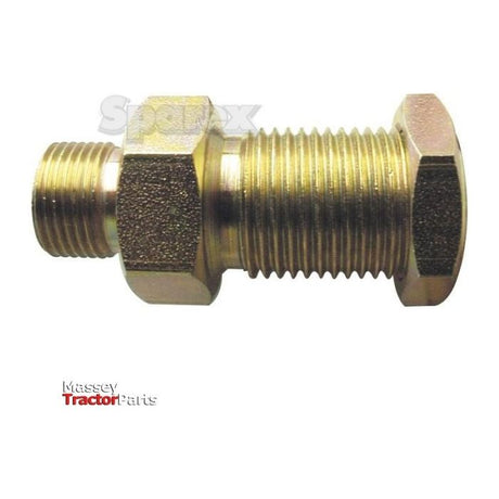 A close-up view of a brass hexagonal BSP Male hydraulic adapter with external threading, showing the brand name "Sparex" and the text "Hydraulic Adaptor 1/2'' BSP Male x 3/8'' BSP Male Bulkhead with Locknut | Sparex Part No. S.2529" in the background.