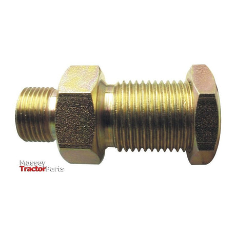 A brass hydraulic adapter fitting with threaded ends and hexagonal sections is displayed against a white background. The words "Sparex" are visible on the lower left, identifying it as a Hydraulic Adaptor 1/4'' BSP Male x 1/4'' BSP Male Bulkhead with Locknut, Sparex Part No. S.11947.
