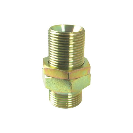 The Hydraulic Adaptor 1'' BSP Male x 1'' BSP Male Bulkhead with Locknut by Sparex (Sparex Part No.S.55990) is a threaded pipe connector featuring a hexagonal nut in the middle, designed for connecting two pipes or fittings in hydraulic adaptor systems.