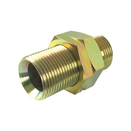 The Sparex Hydraulic Adaptor 1'' BSP Male x 1'' BSP Male Bulkhead with Locknut (Sparex Part No. S.55990) features a brass construction with BSP male threads on both ends and a hexagonal middle section for tightening.