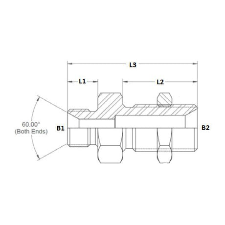 Technical drawing of a hydraulic adapter, labeled with L1, L2, L3, B1, and B2. The Sparex Hydraulic Adaptor 3/8'' BSP Male x 1/2'' BSP Male Bulkhead with Locknut (Part No. S.2528) features angled edges, hexagonal shapes, and various dimensions including a 60-degree angle on both ends. Additional details for fitting the locknut and the BSP bulkhead are included.