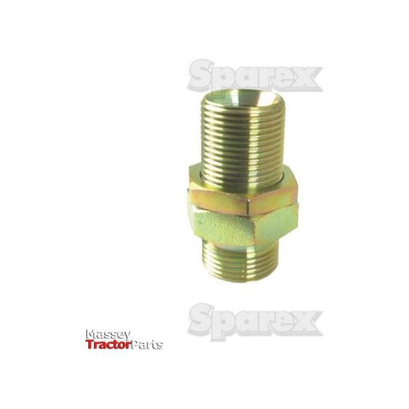 Close-up of a hex head hydraulic fitting with threaded ends against a white background, labeled "Sparex" and "Massey Tractor Parts." This premium Hydraulic Adaptor 1'' BSP Male x 1'' BSP Male Bulkhead with Locknut (Sparex Part No.S.55990) ensures robust connections for your machinery.