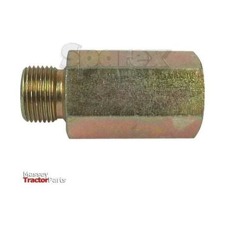 Close-up view of a metal adapter fitting with threaded ends, labeled with the "Sparex" and "Massey Tractor Parts" logos, specifically the Hydraulic Extension Adaptor 1/2'' BSP Male to M22 Female (Sparex Part No.S.35100).